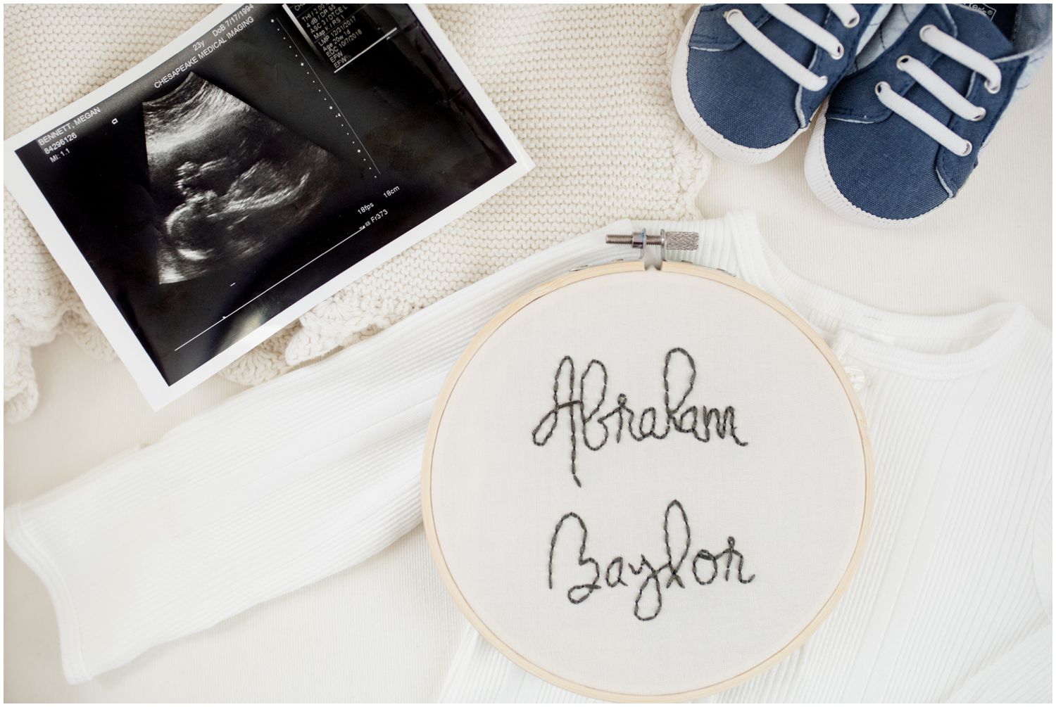 Baby Boy Name Announcement featuring a Embroidery Hoop by Happy Homes Hoop Co by Maryland Photographer Megan Bennett Photography