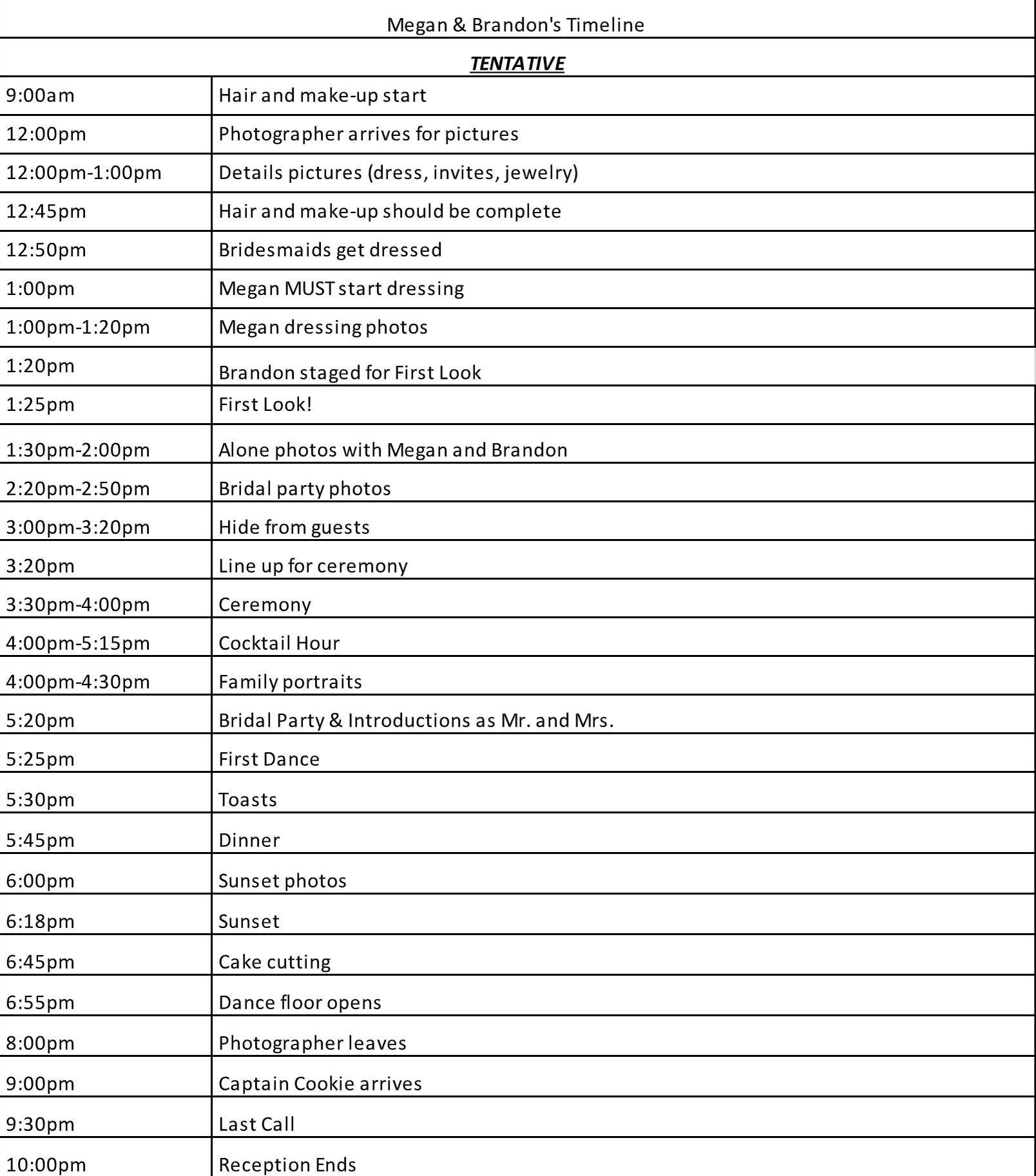 Sample Wedding Day Timeline for Sunset Portraits