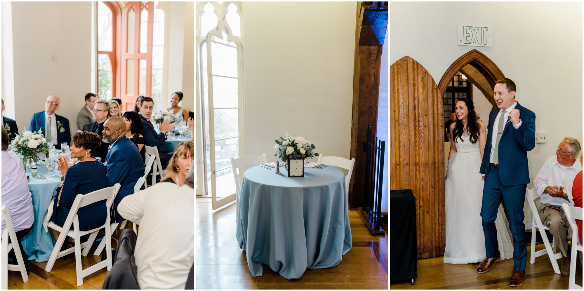 Simple Dusty Blue Sweetheart Table Reception Detail at Spring Wedding at Cloisters Castle Megan Bennett Photography