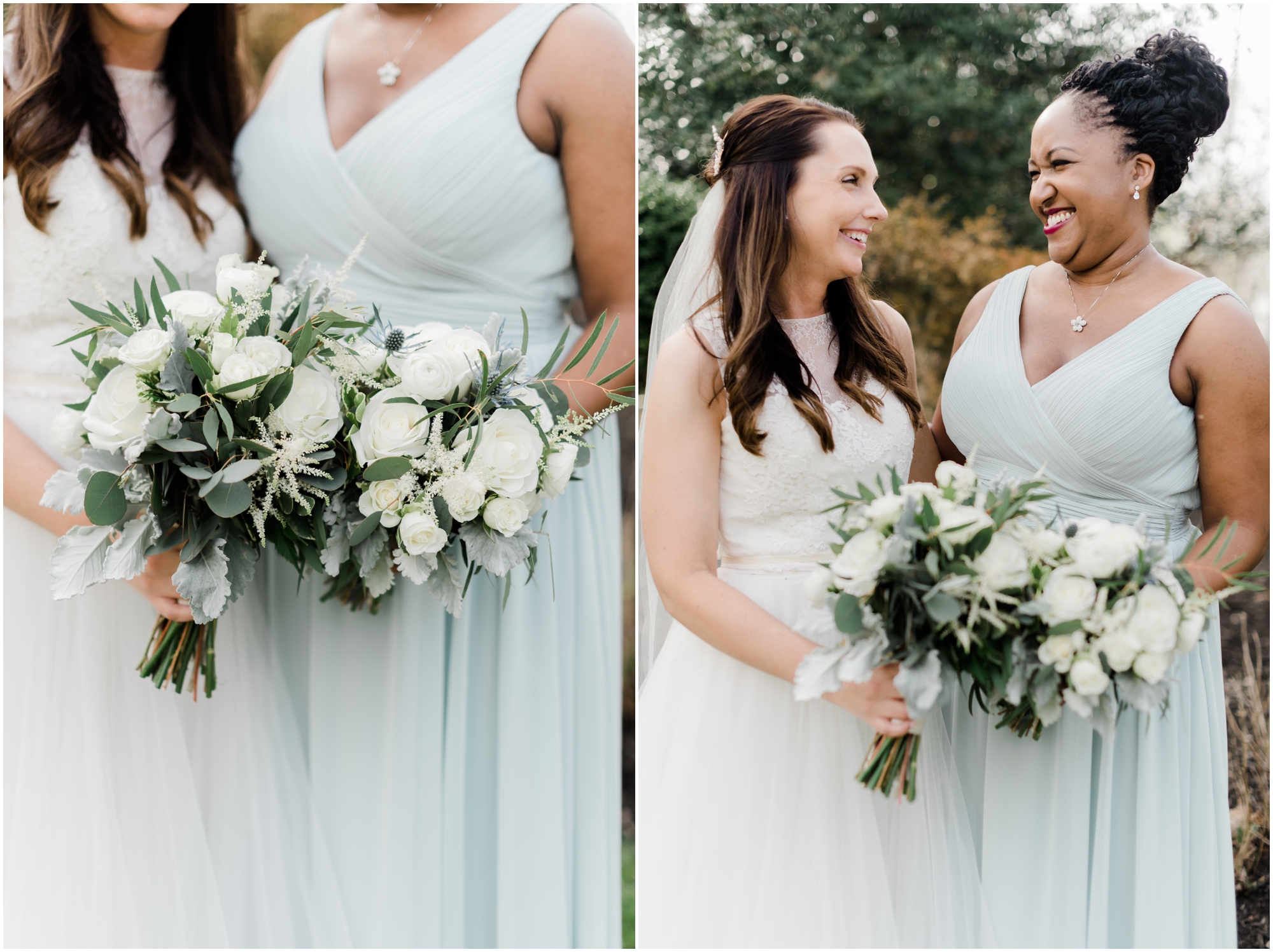 Light Blue Bridesmaid Dresses with White Bouquets at Spring Wedding by Megan Bennett Photography