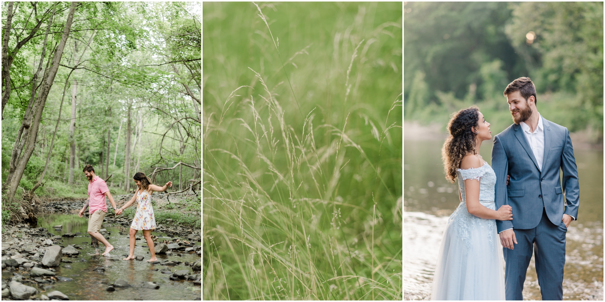 A Romantic Ellicott City Engagement at the Patapsco Valley State Park featuring a Creek, Fun Couple, and Light Blue Dress #ellicottcityphotographer #patapscovalleystatepark #MarylandWeddingPhotographer