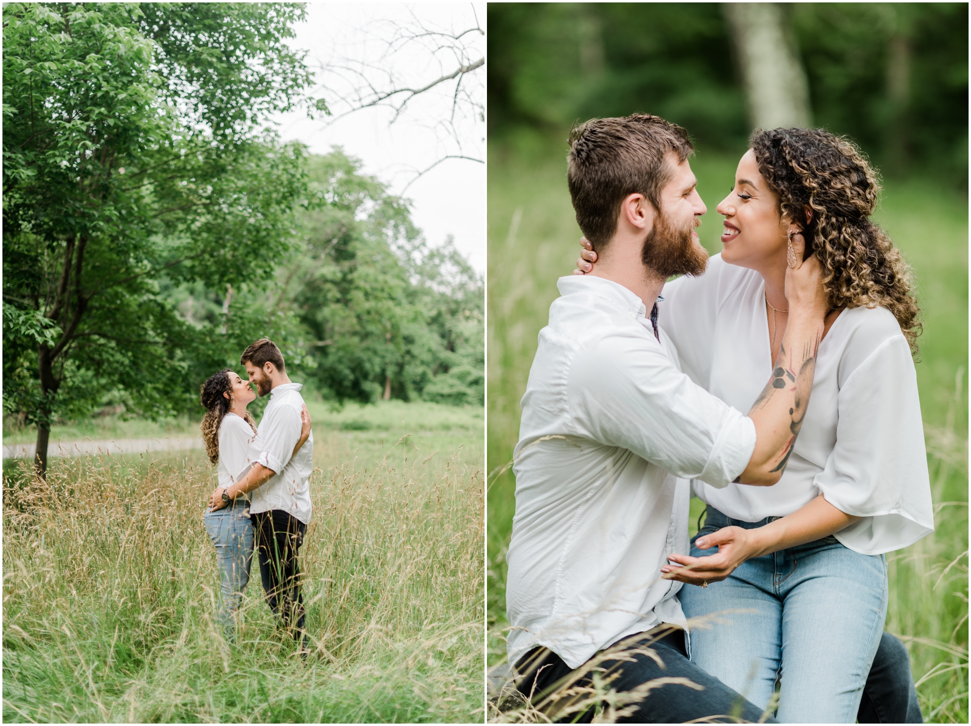 A Romantic Ellicott City Engagement at the Patapsco Valley State Park featuring a Creek, Fun Couple, and Light Blue Dress #ellicottcityphotographer #patapscovalleystatepark #MarylandWeddingPhotographer