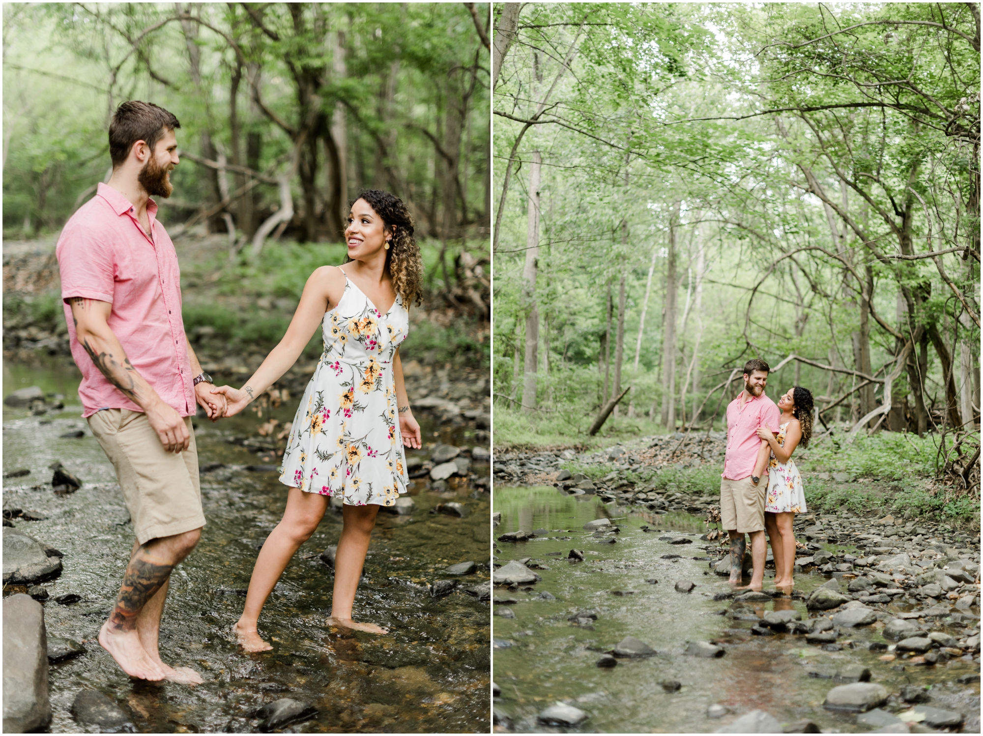 A Romantic Ellicott City Engagement at the Patapsco Valley State Park featuring a Creek, Fun Couple, and Light Blue Dress #ellicottcityphotographer #patapscovalleystatepark #MarylandWeddingPhotographer