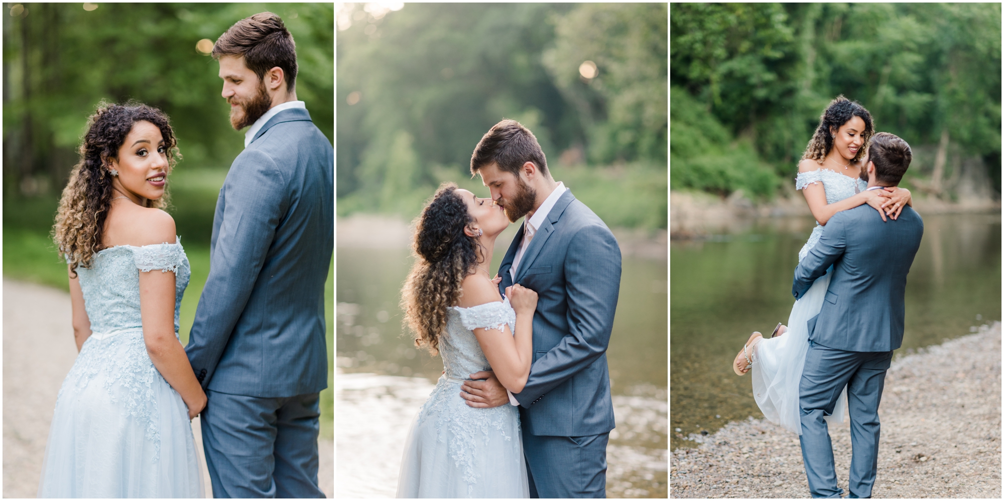 A Romantic Ellicott City Engagement at the Patapsco Valley State Park featuring a Creek, Fun Couple, and Light Blue Dress #ellicottcityphotographer #patapscovalleystatepark #MarylandWeddingPhotographer