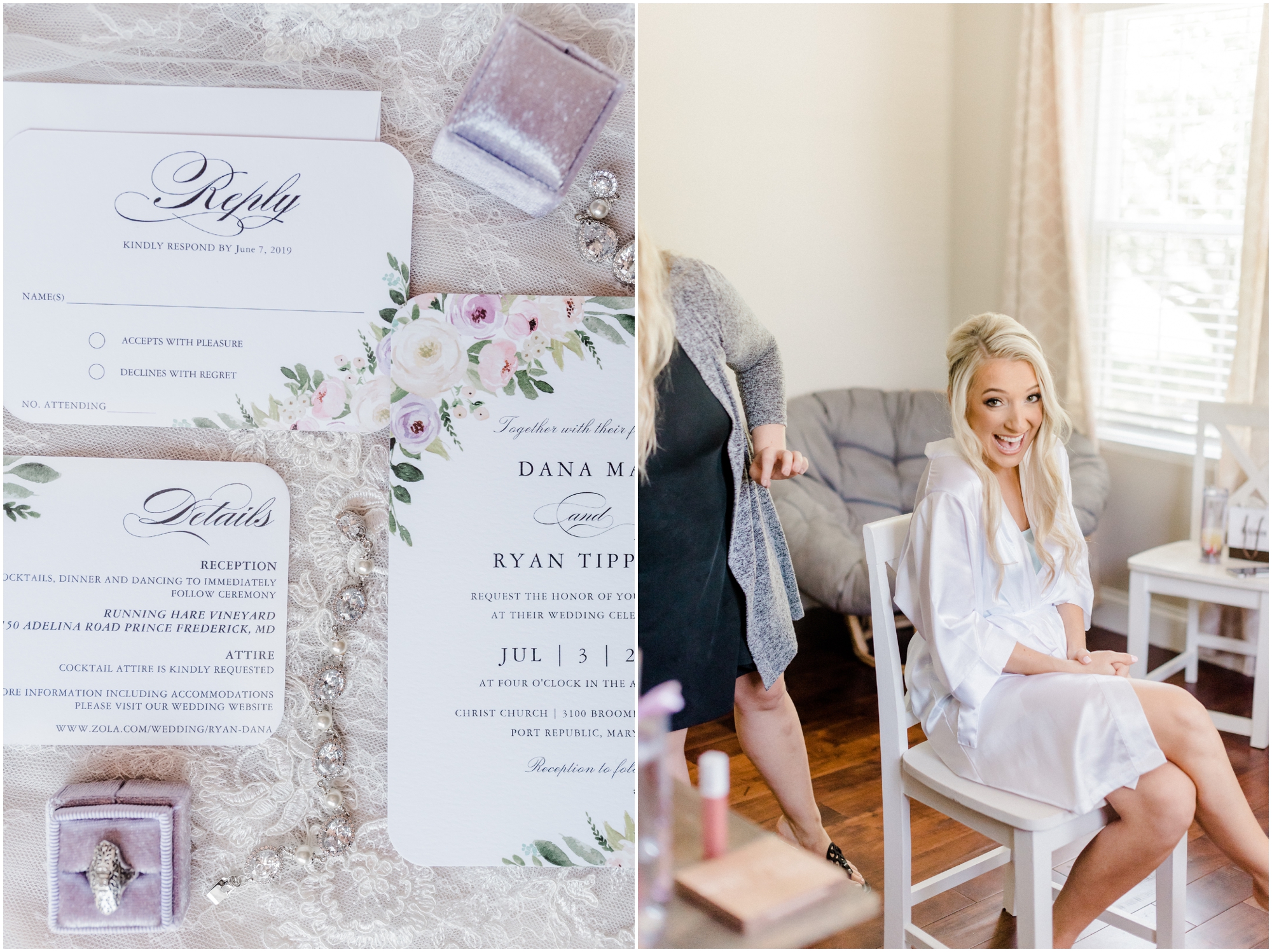 Romantic Summer Winery Wedding featuring purple wedding colors, family heirlooms, and a historic church ceremony at Running Hare Vineyard in Southern Maryland by Wedding Photographer Megan Bennett Photography #runningharevineyard #marylandweddingphotographer #runningharevineyardwedding