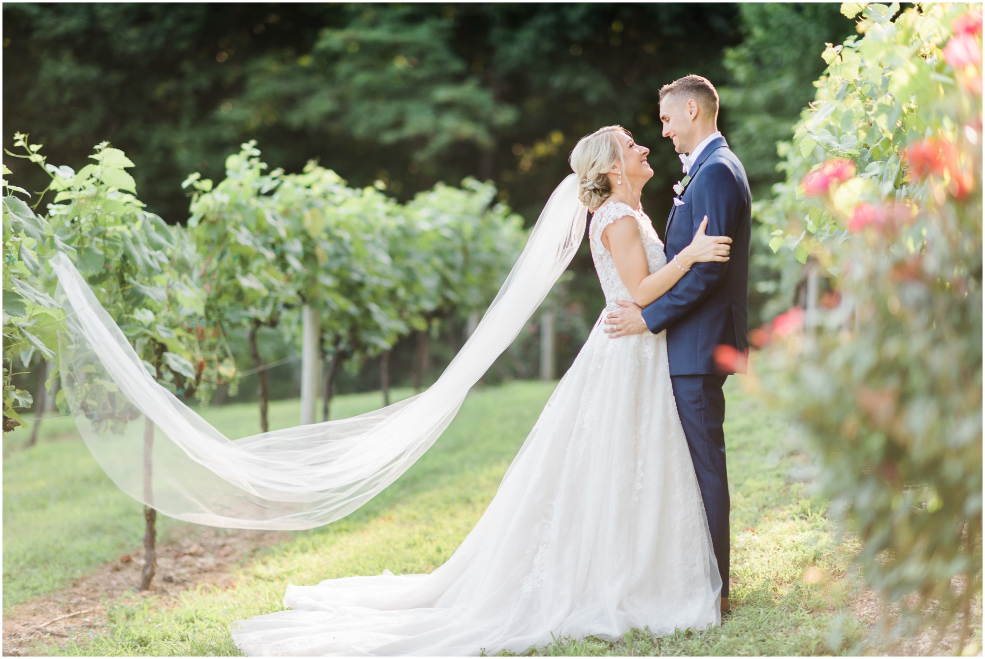 Romantic Summer Winery Wedding featuring purple wedding colors, family heirlooms, and a historic church ceremony at Running Hare Vineyard in Southern Maryland by Wedding Photographer Megan Bennett Photography #runningharevineyard #marylandweddingphotographer #runningharevineyardwedding