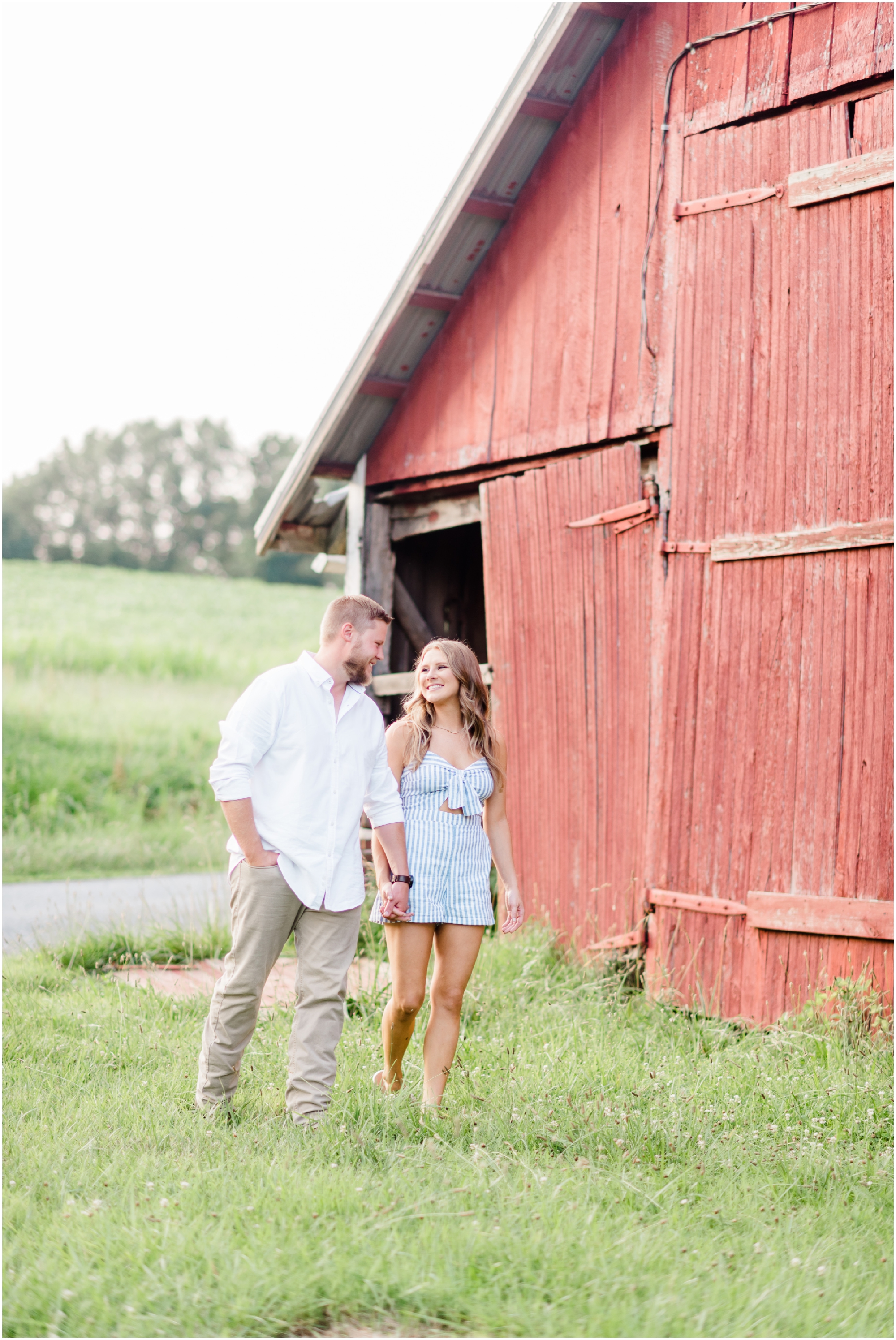 Summer farm engagement featuring blue and white outfits, a rose gold ring, and a family farm in Carroll County Maryland by Wedding Photographer Megan Bennett Photography