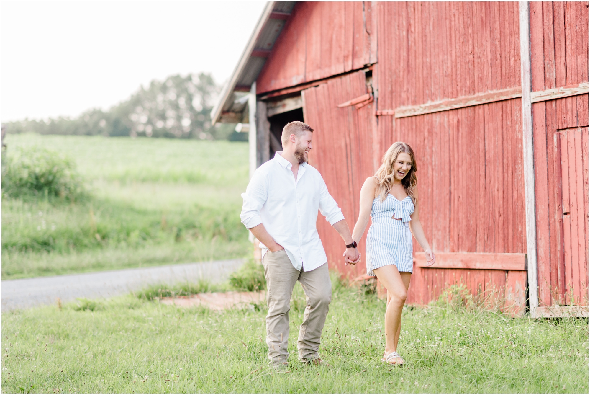 Summer farm engagement featuring blue and white outfits, a rose gold ring, and a family farm in Carroll County Maryland by Wedding Photographer Megan Bennett Photography