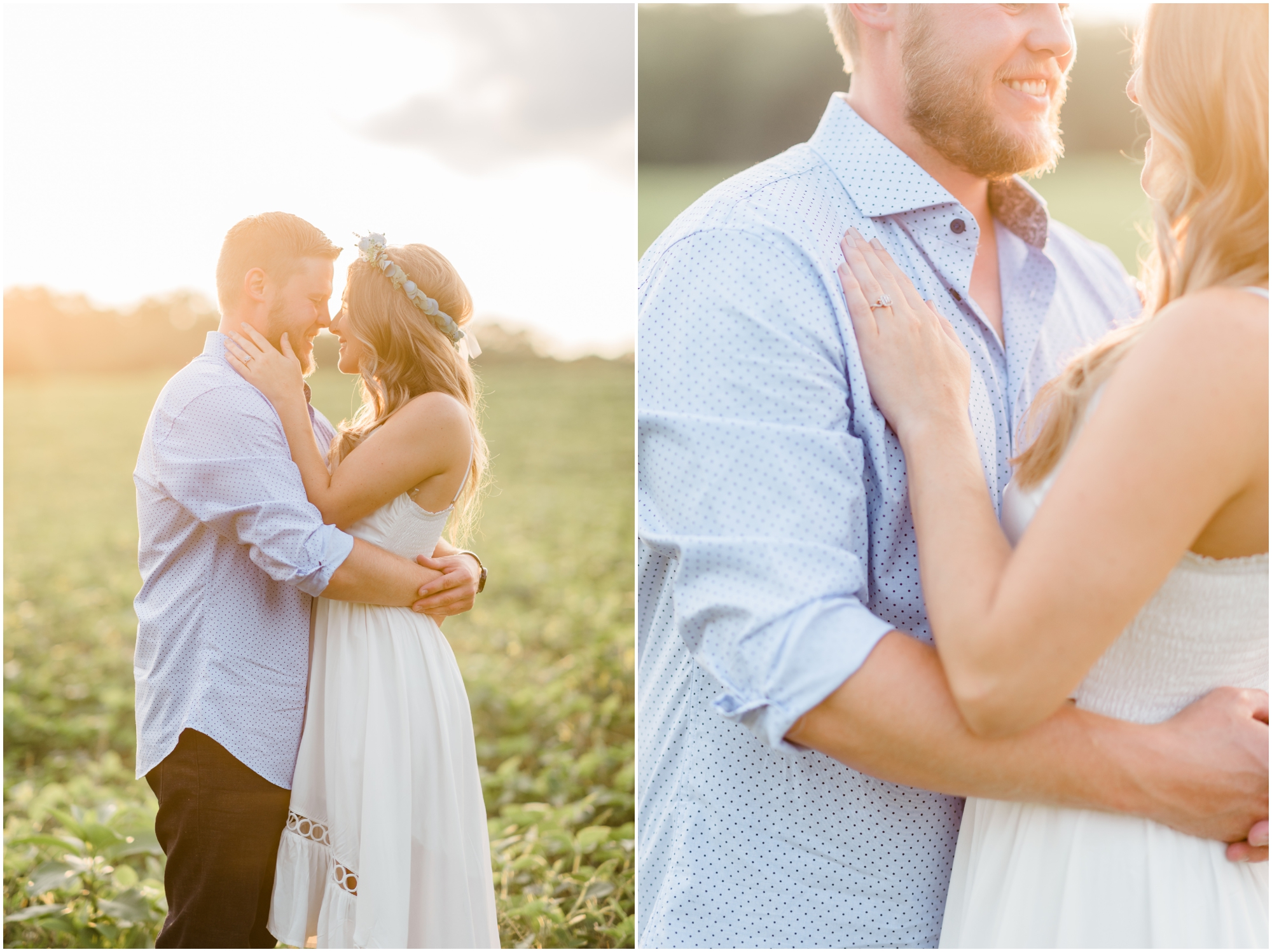 Summer farm engagement featuring blue and white outfits, a rose gold ring, and a family farm in Carroll County Maryland by Wedding Photographer Megan Bennett Photography