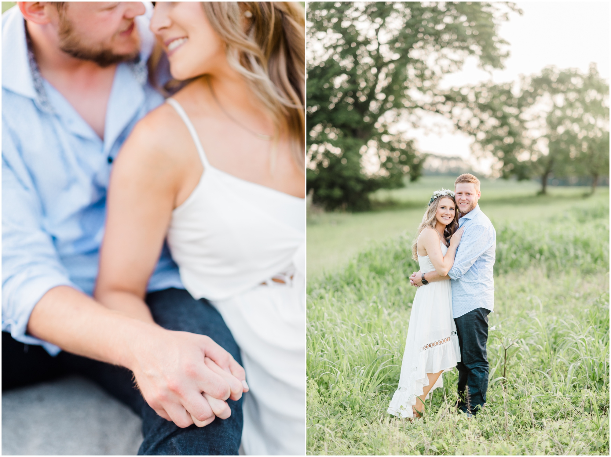 Summer farm engagement featuring blue and white outfits, a rose gold ring, and a family farm in Carroll County Maryland by Wedding Photographer Megan Bennett Photography