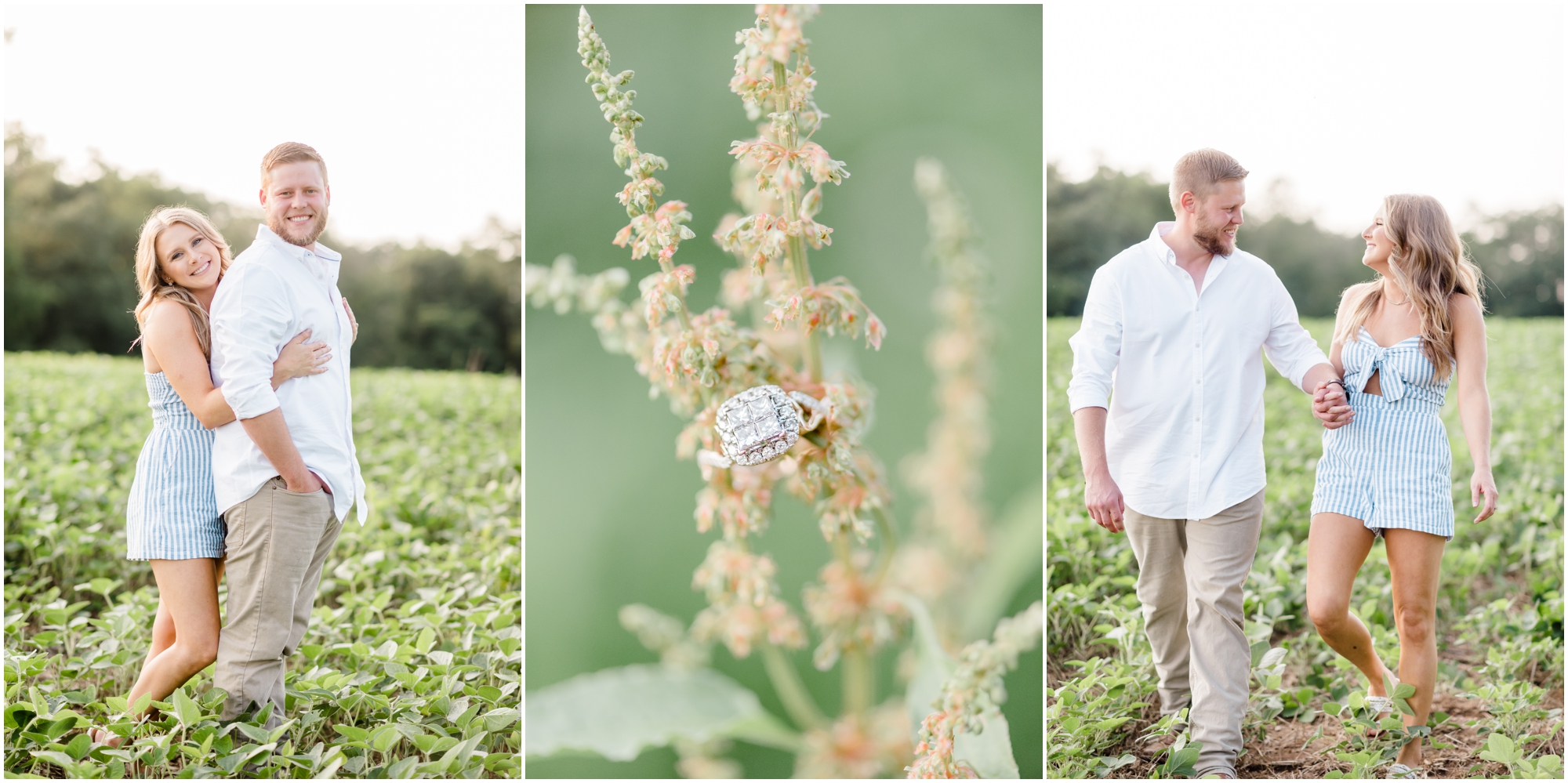 Summer farm engagement featuring blue and white outfits, a rose gold ring, and a family farm in Carroll County Maryland by Wedding Photographer Megan Bennett Photography