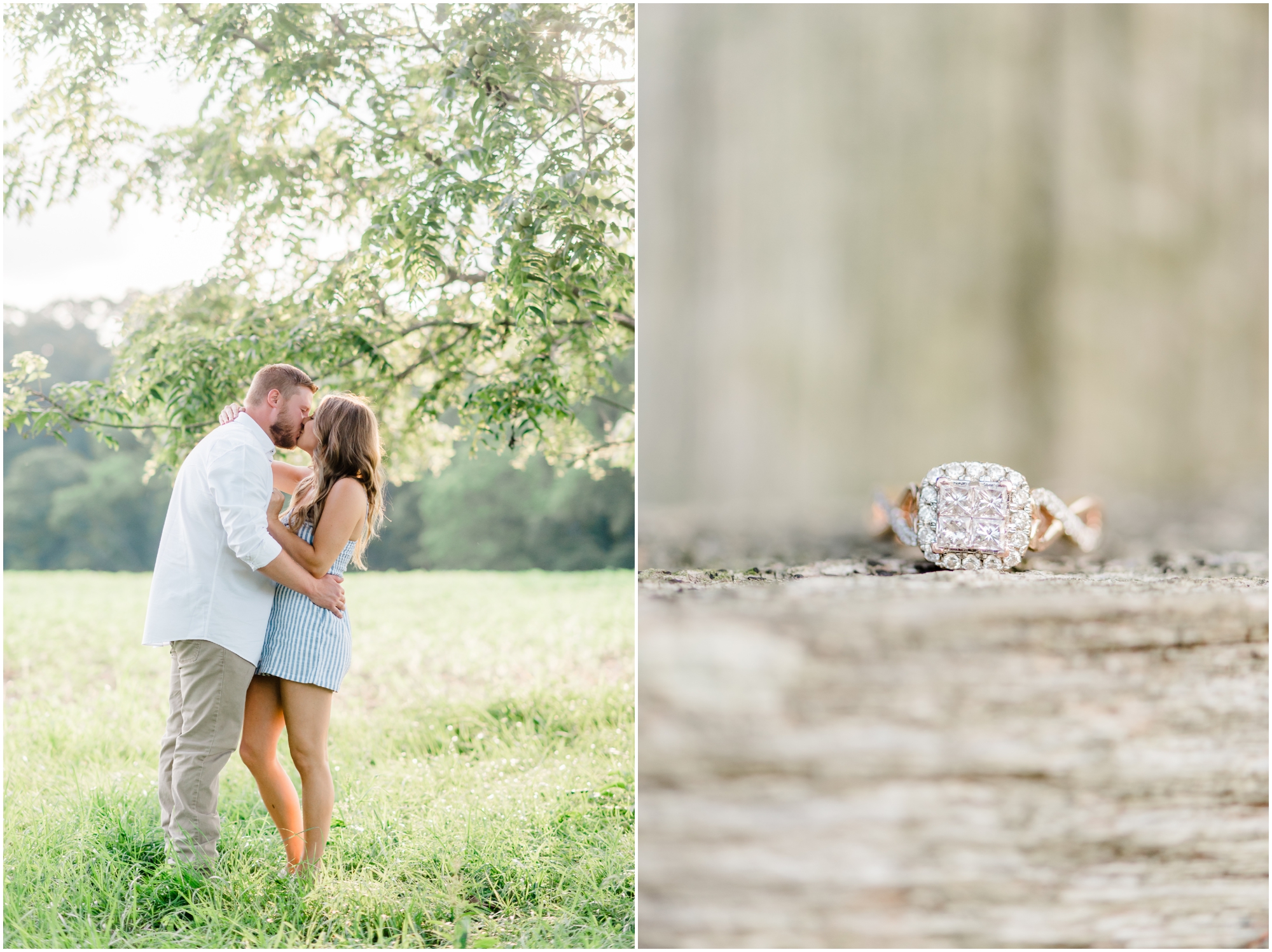 Summer farm engagement featuring blue and white outfits, a rose gold ring, and a family farm in Carroll County Maryland by Wedding Photographer Megan Bennett Photography