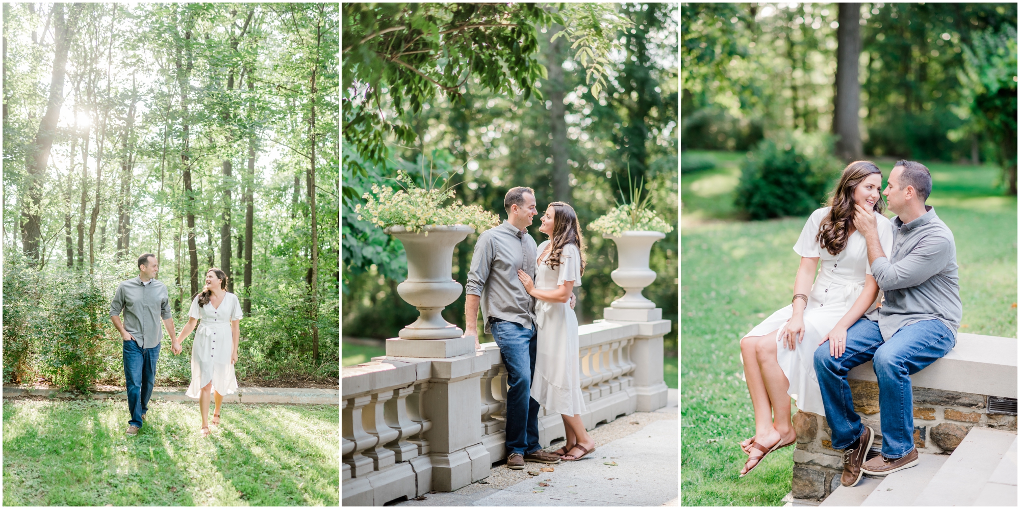 Elegant Summer Engagement Photo session at the Liriodendron Mansion in BelAir Maryland featuring a brunette couple and white dress by Maryland Wedding Photographer Megan Bennett Photography #liriodendronmansion #marylandweddingphotographer #belairmdphotographer