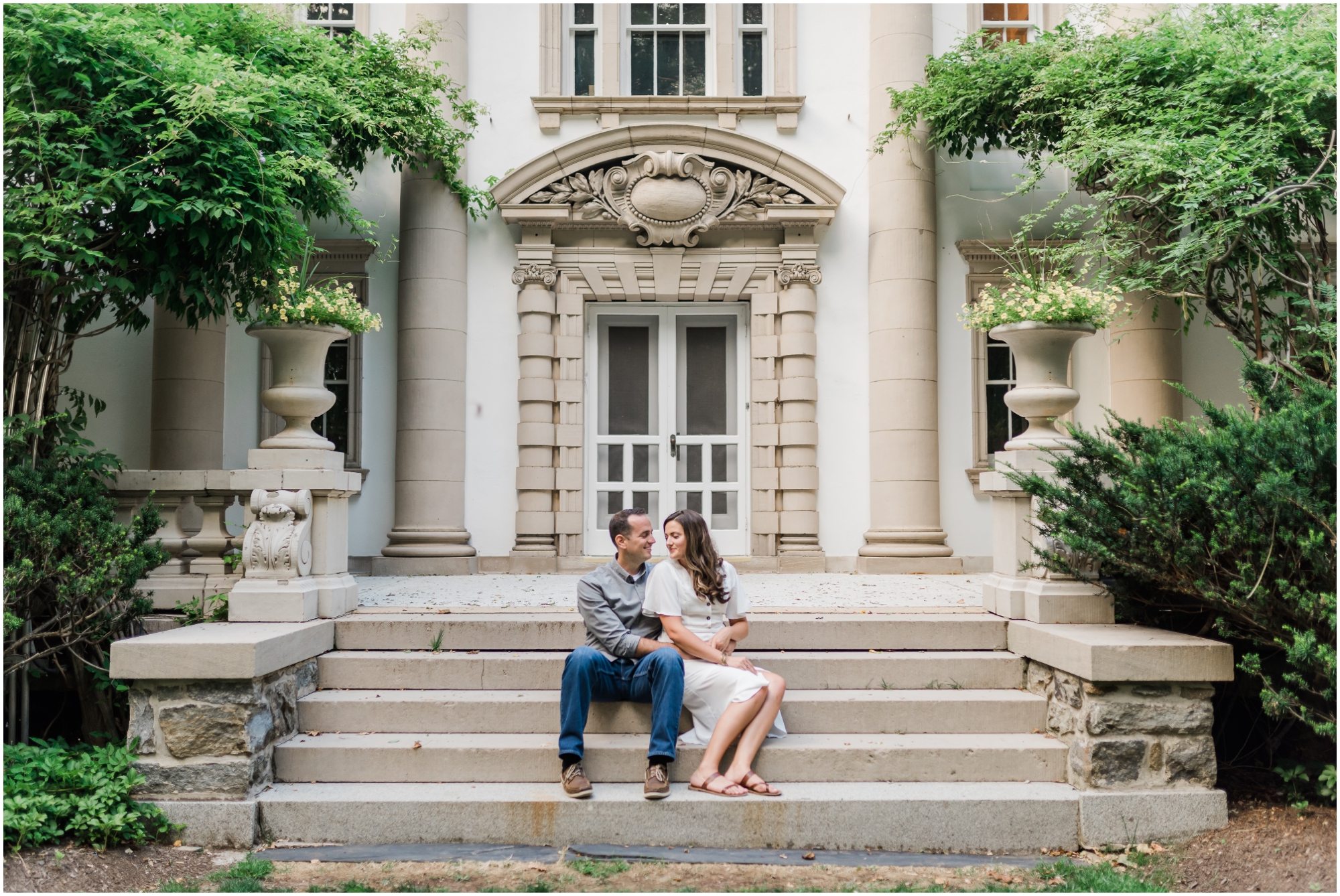 Elegant Summer Engagement Photo session at the Liriodendron Mansion in BelAir Maryland featuring a brunette couple and white dress by Maryland Wedding Photographer Megan Bennett Photography #liriodendronmansion #marylandweddingphotographer #belairmdphotographer