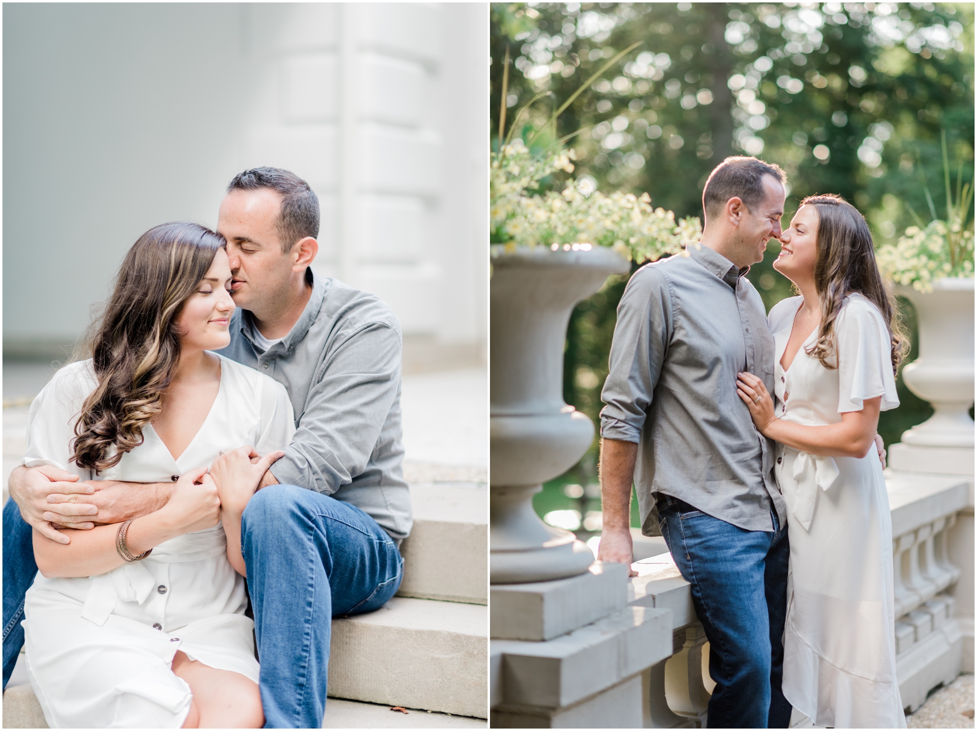 Elegant Summer Engagement Photo session at the Liriodendron Mansion in BelAir Maryland featuring a brunette couple and white dress by Maryland Wedding Photographer Megan Bennett Photography #liriodendronmansion #marylandweddingphotographer #belairmdphotographer