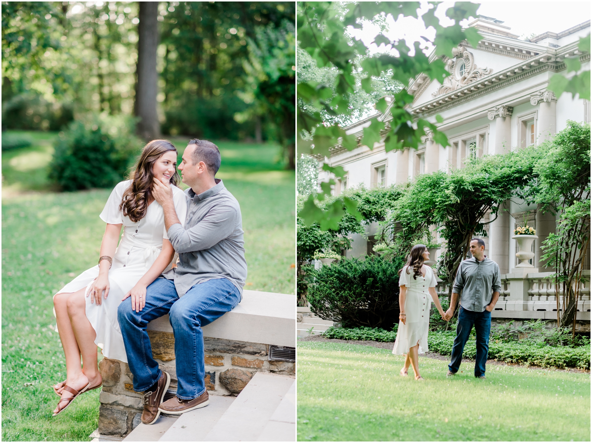 Elegant Summer Engagement Photo session at the Liriodendron Mansion in BelAir Maryland featuring a brunette couple and white dress by Maryland Wedding Photographer Megan Bennett Photography #liriodendronmansion #marylandweddingphotographer #belairmdphotographer