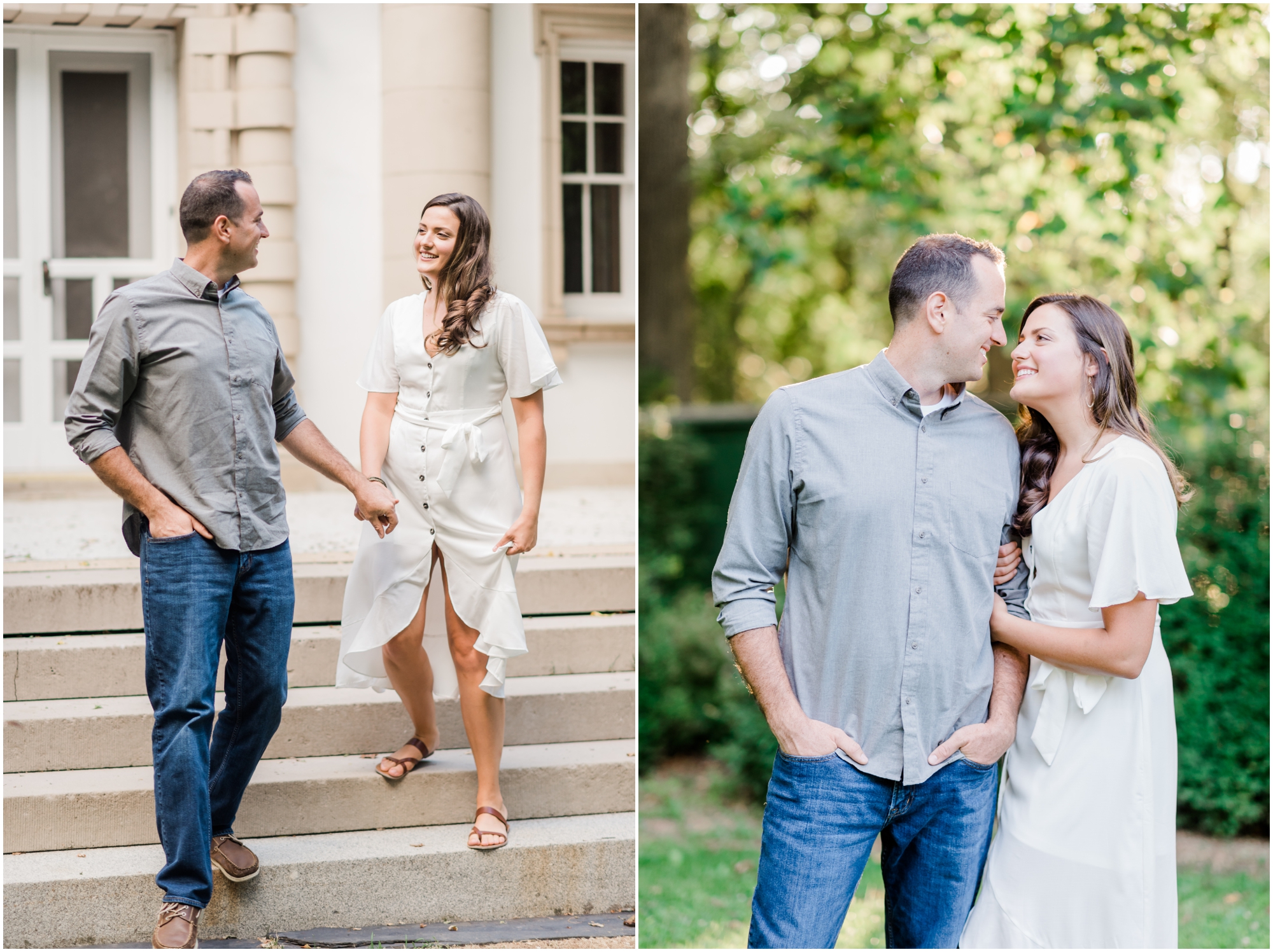 Elegant Summer Engagement Photo session at the Liriodendron Mansion in BelAir Maryland featuring a brunette couple and white dress by Maryland Wedding Photographer Megan Bennett Photography #liriodendronmansion #marylandweddingphotographer #belairmdphotographer