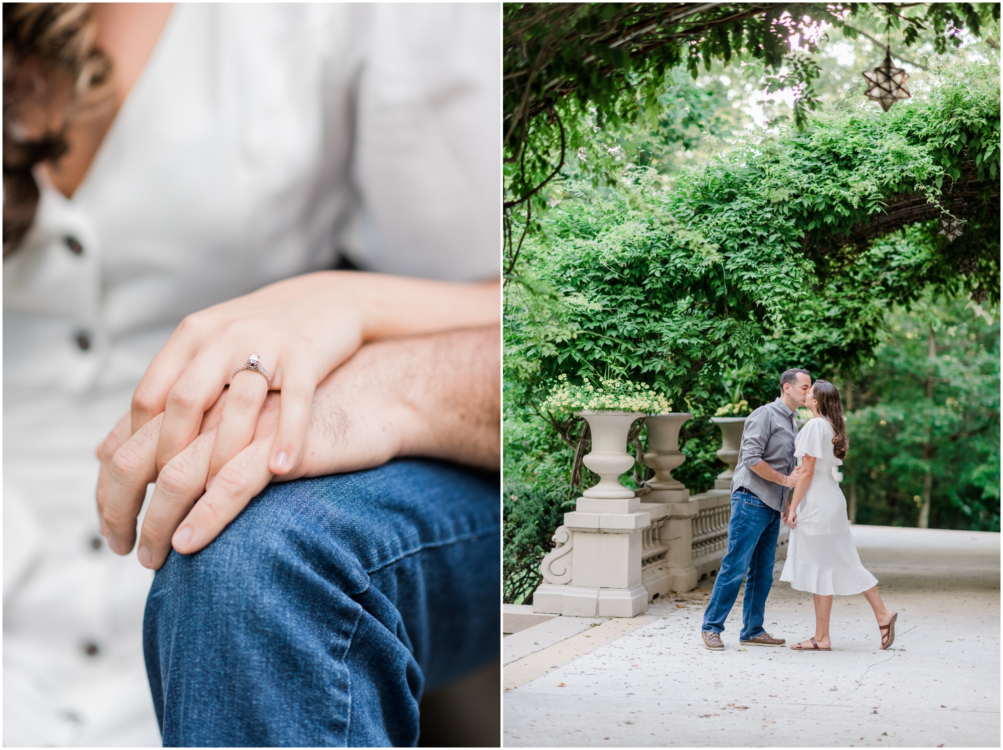 Elegant Summer Engagement Photo session at the Liriodendron Mansion in BelAir Maryland featuring a brunette couple and white dress by Maryland Wedding Photographer Megan Bennett Photography #liriodendronmansion #marylandweddingphotographer #belairmdphotographer