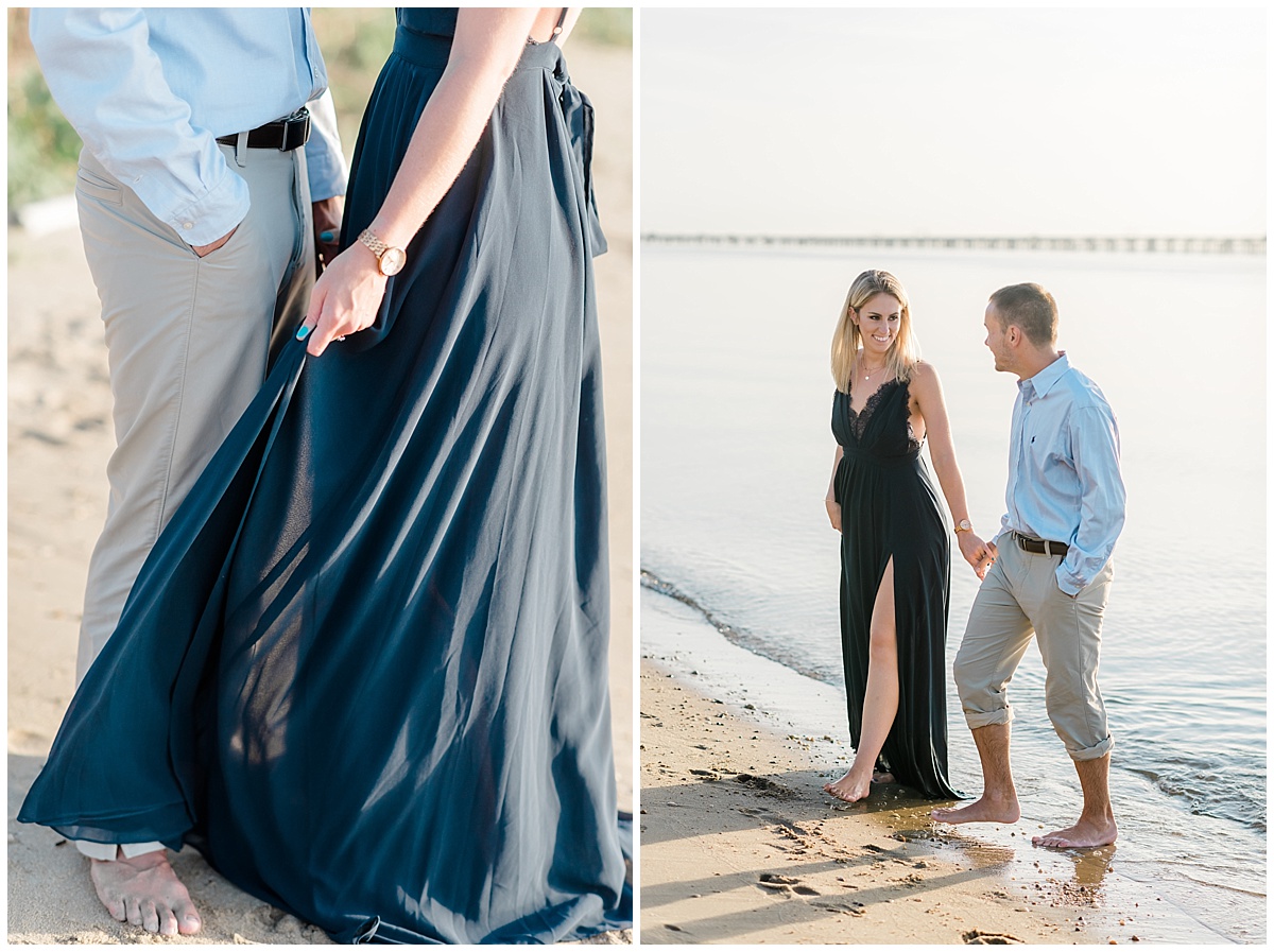 A Coastal Eastern Shore engagement photo featuring a flowy navy blue dress and a grassy beach at Terrapin Park in Stevensville, Maryland by Eastern Shore Photographer Megan Bennett Photography