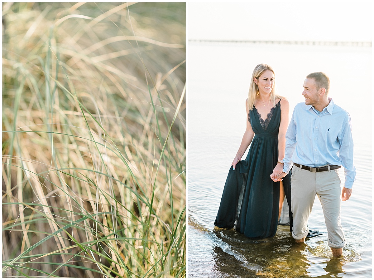 A Coastal Eastern Shore engagement photo featuring a flowy navy blue dress and a grassy beach at Terrapin Park in Stevensville, Maryland by Eastern Shore Photographer Megan Bennett Photography