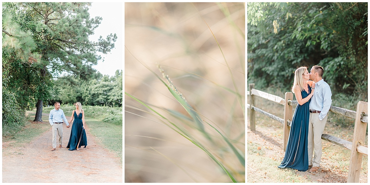 A Nautical engagement photo featuring a flowy navy blue dress and a grassy beach at Terrapin Park in Stevensville, Maryland by Eastern Shore Photographer Megan Bennett Photography