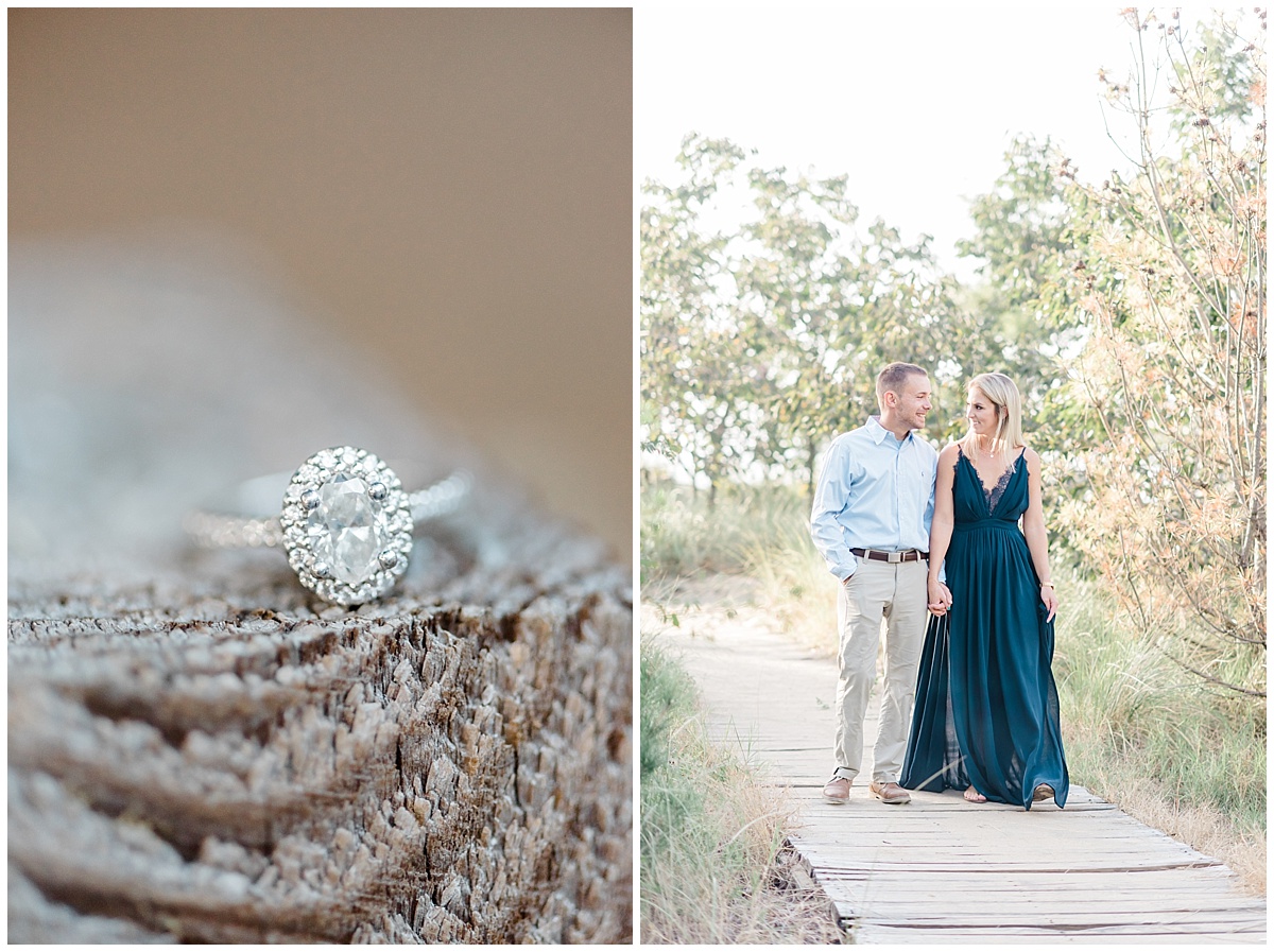 A Coastal Eastern Shore engagement photo featuring a flowy navy blue dress and a grassy beach at Terrapin Park in Stevensville, Maryland by Eastern Shore Photographer Megan Bennett Photography