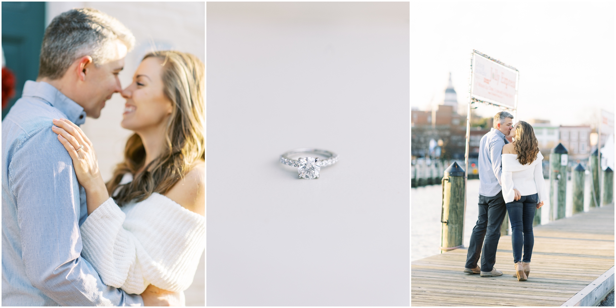 Annapolis Engagement featuring a solitaire engagement ring, a white sweater, and a christmas theme in Downtown Annapolis by Maryland Photographer Megan Bennett Photography