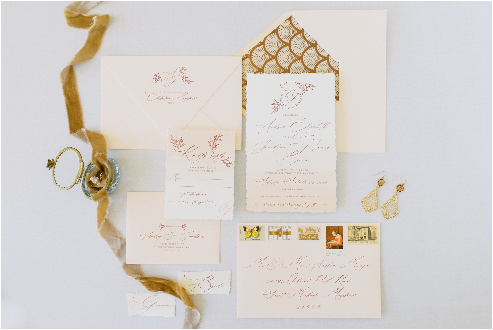 Peach and Gold wedding invitation suite featuring calligraphy and antique stamps Photographed by Megan Bennett Photography