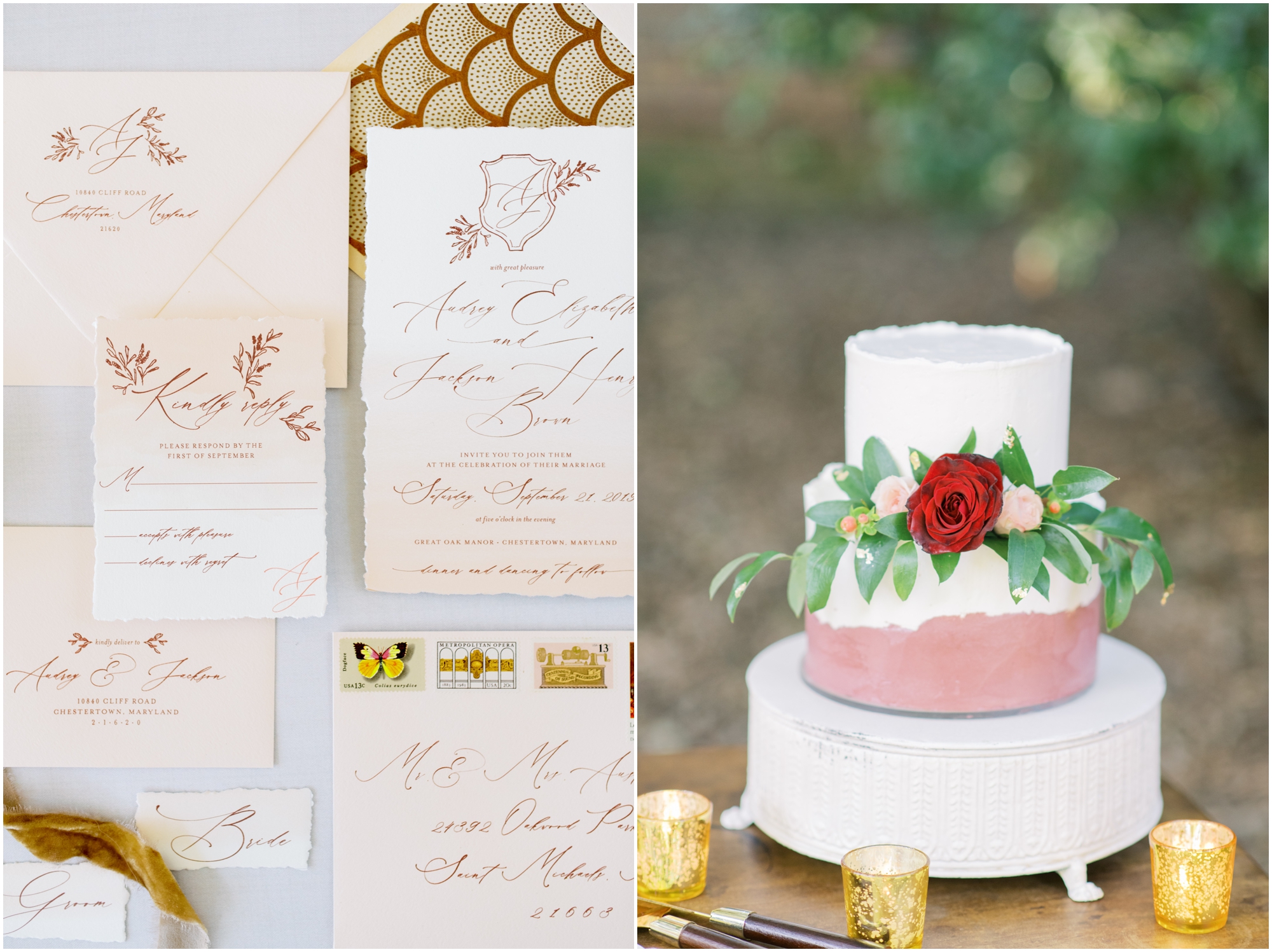 Peach and Gold wedding invitation suite featuring calligraphy and antique stamps Photographed by Megan Bennett Photography